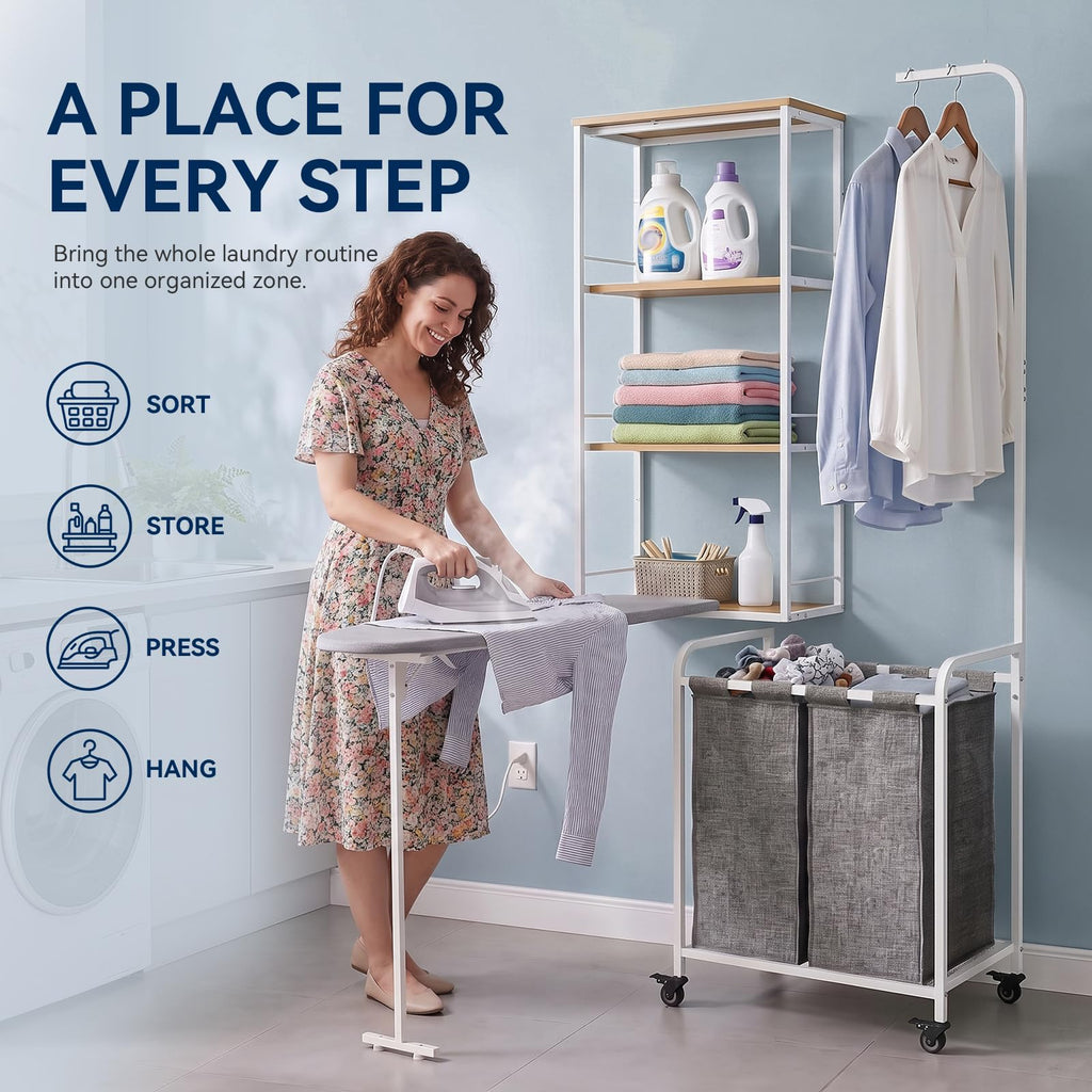 Laundry Sorter with Hanging Bar for Laundry Room, Foldable Ironing Board