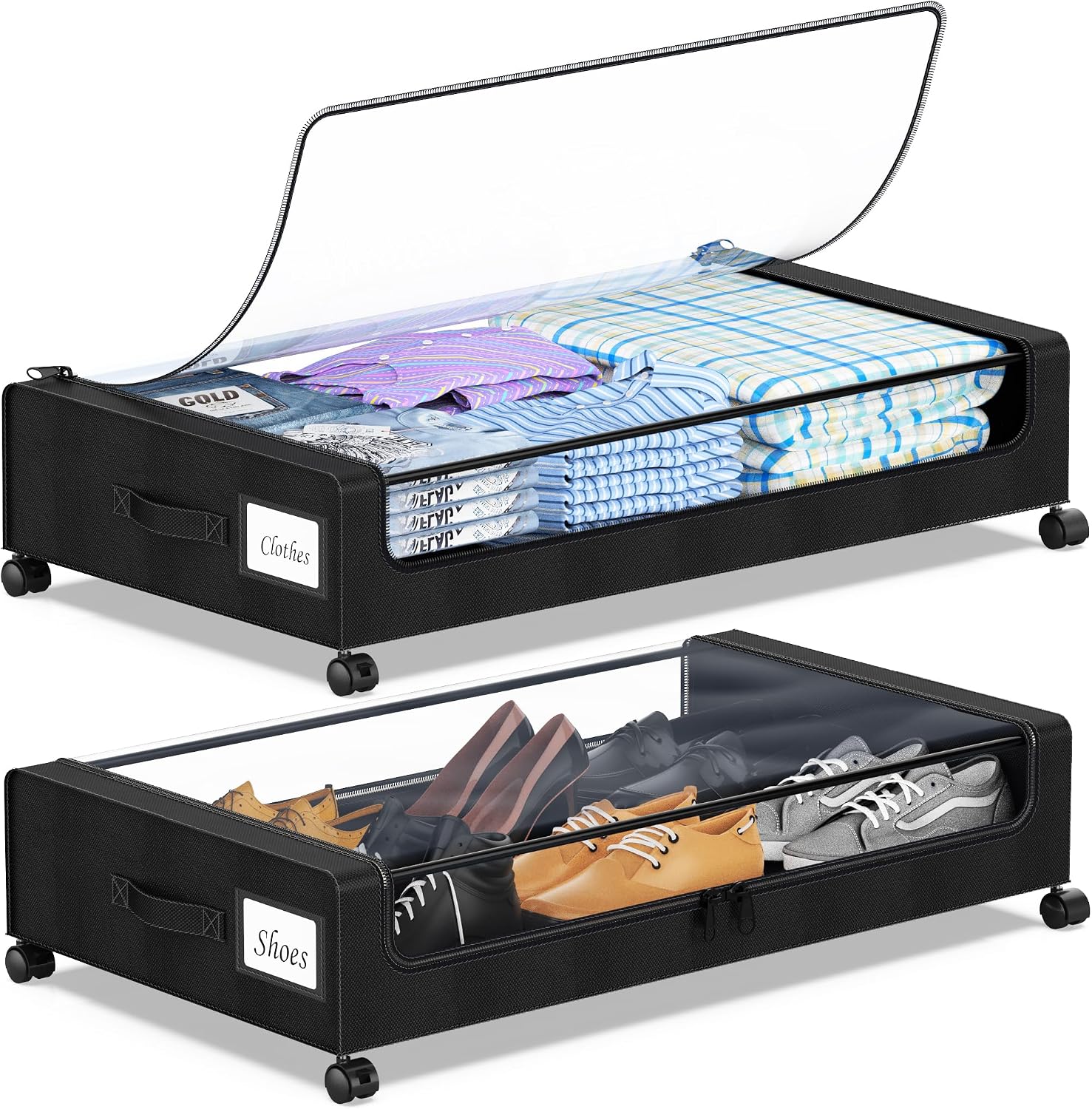 Under Bed Storage with Wheels, 2-Pack Under the Bed Storage Containers with Clear Lids & Label, Underbed Storage