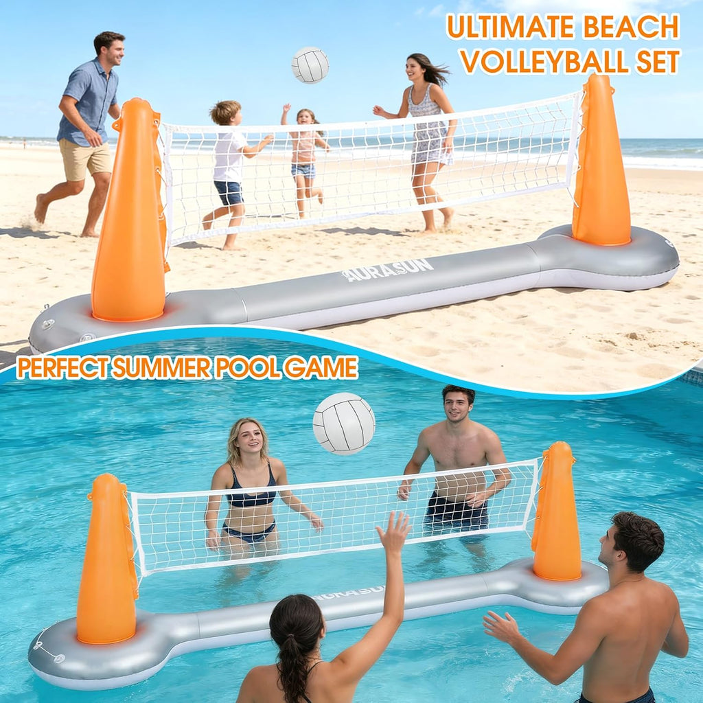 Inflatable Pool Volleyball Net, Floating Swimming Pool Set with Basketball Hoop, Summer Pool Game Toy for Kids and