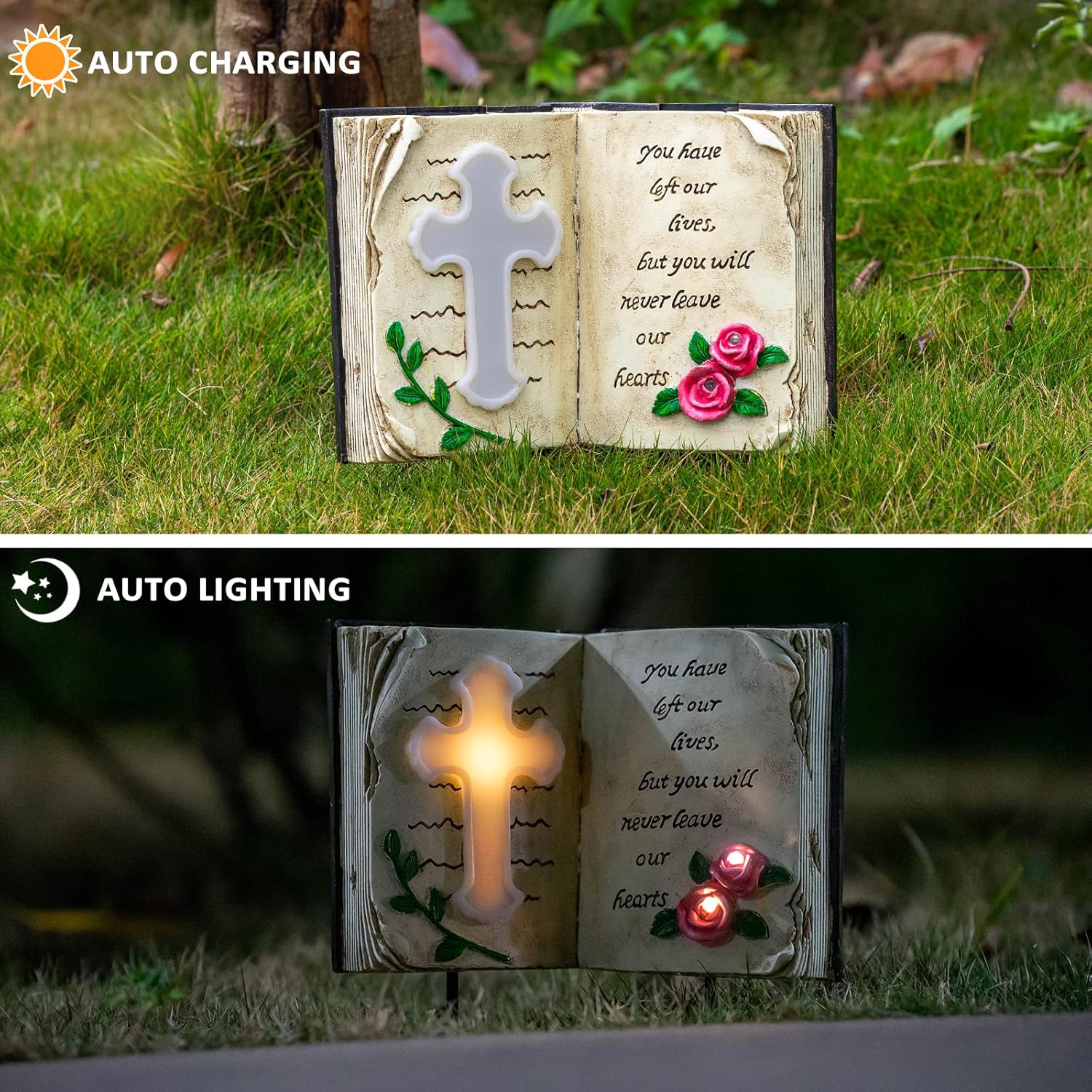 Outdoor Solar Memorial Cross Stakes Lights, Waterproof Book Statue Grave Decorations Sympathy Gifts for Cemetery