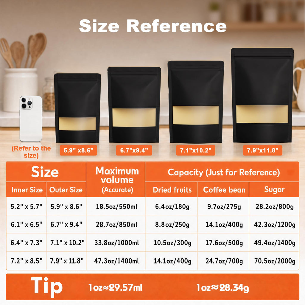 100 Pcs Resealable Bags, Matte Window, Paper, Black,7.1 x 10.2 in