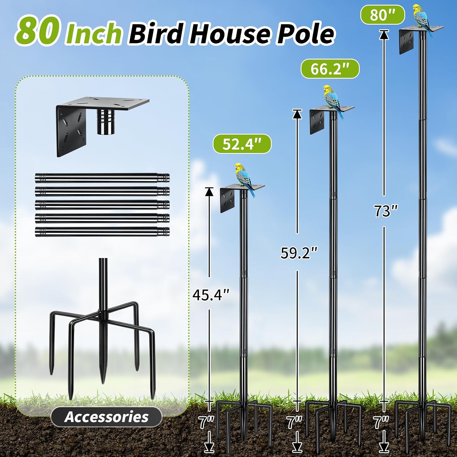 Bird House Pole, 80 Inch Bird Feeder Pole Stand with 1-Inch Dia Heavy Duty Birdhouse Pole Mount Kit for Outdoors