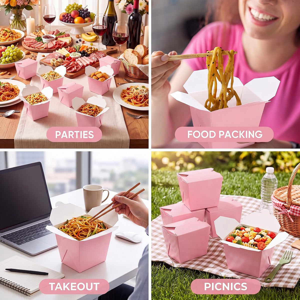 100 Pack 8 oz Chinese Take out Boxes Food Box, Pink