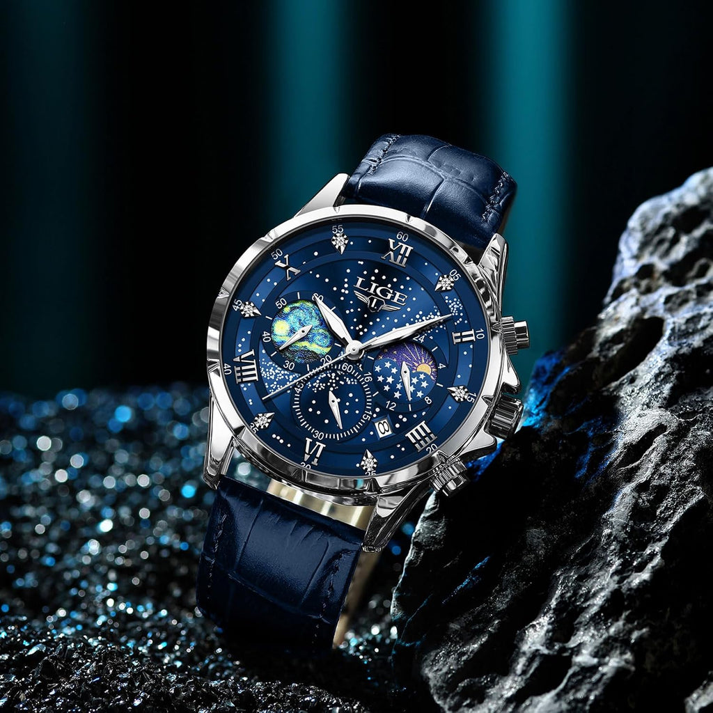 Waterproof Watches for Men Analog Dress Water Proof Chronograph Work Casual Leather Water-Resistant Lunar Phase