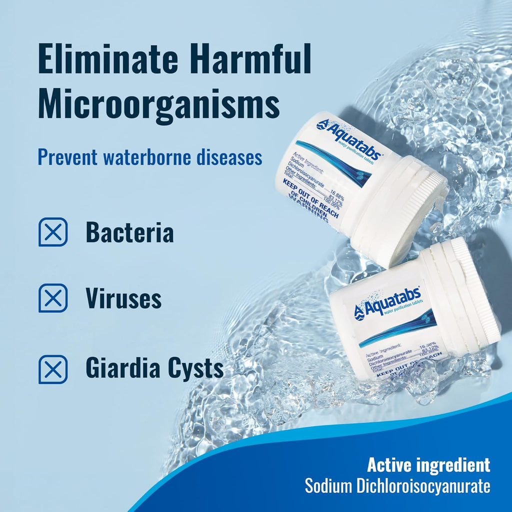 Drinking Water Essentials Kit - 200 Aquatabs Water Purification Tablets + 50 Chlorine Test Strips - for Boat and RV