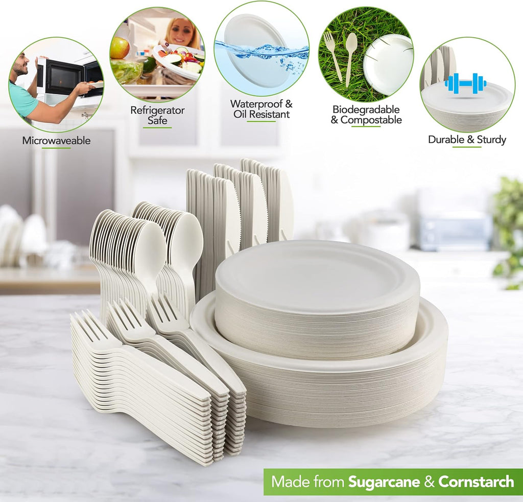 250 Piece Biodegradable Paper Plates Set (EXTRA LONG UTENSILS), Disposable Dinnerware Set, Eco Friendly Compostable