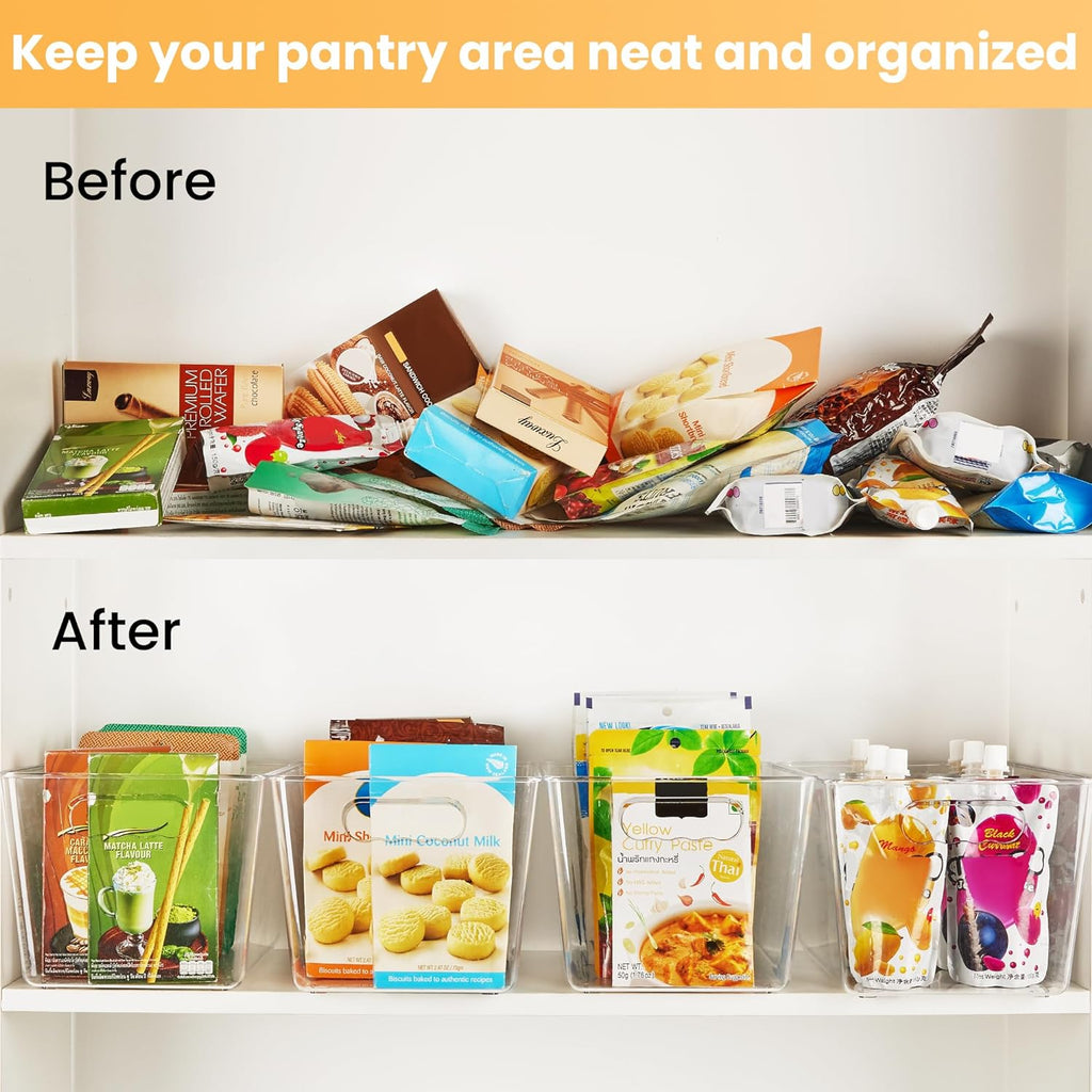 6 Pack Clear Pantry Organizer Bins, Plastic Containers with Handle for Kitchen,Freezer,Cabinet,Closet,Bathroom Under