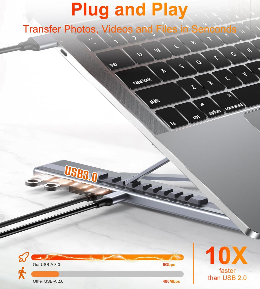 5-in-1 USB C Hub Adjustable Aluminum Laptop Stand, 4-Port USB A 3.0 with 5Gbps Data Transfer USB C Hub Docking