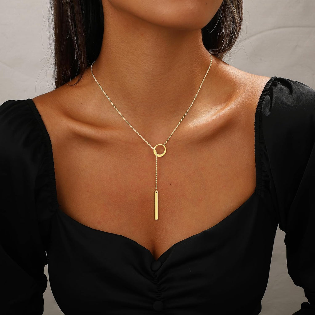 Long Gold Necklace for Women Trendy, Dainty Layered Lariat Necklace 14k Gold Plated Silver Y Shaped Beaded Chain Non