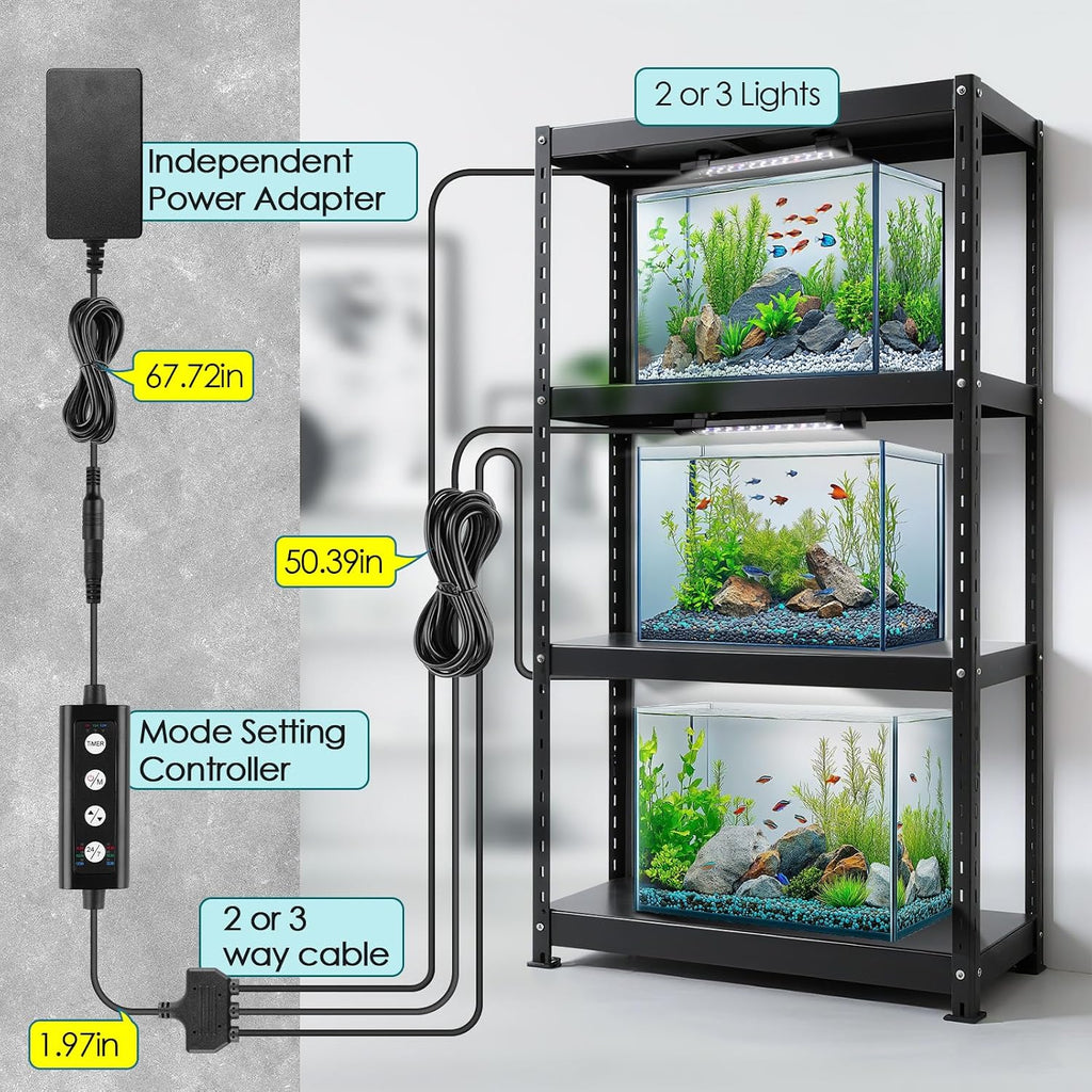 Dual-Channel Controller Submersible Aquarium LED Light, 24/7 Mode Full Spectrum Hidden Fish Tank Light with 3 Rows