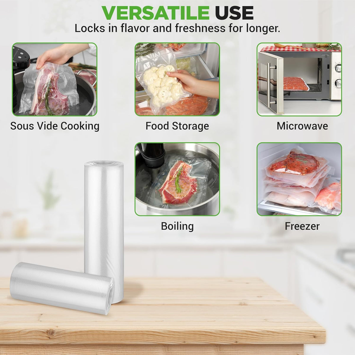 Vacuum Sealer Bags for Food 8” x 50’ & 11" x 50' (2 Rolls, 100’ Total) – Works with All Sealers, BPA-Free