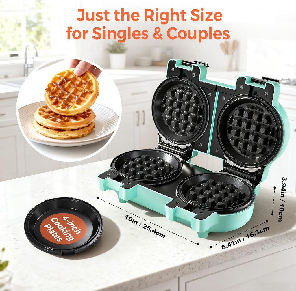 2-in-1 Mini Waffle & Pancake Maker with Removable Plates | 4" Nonstick Plates, Double Small Waffle Iron, Dishwasher