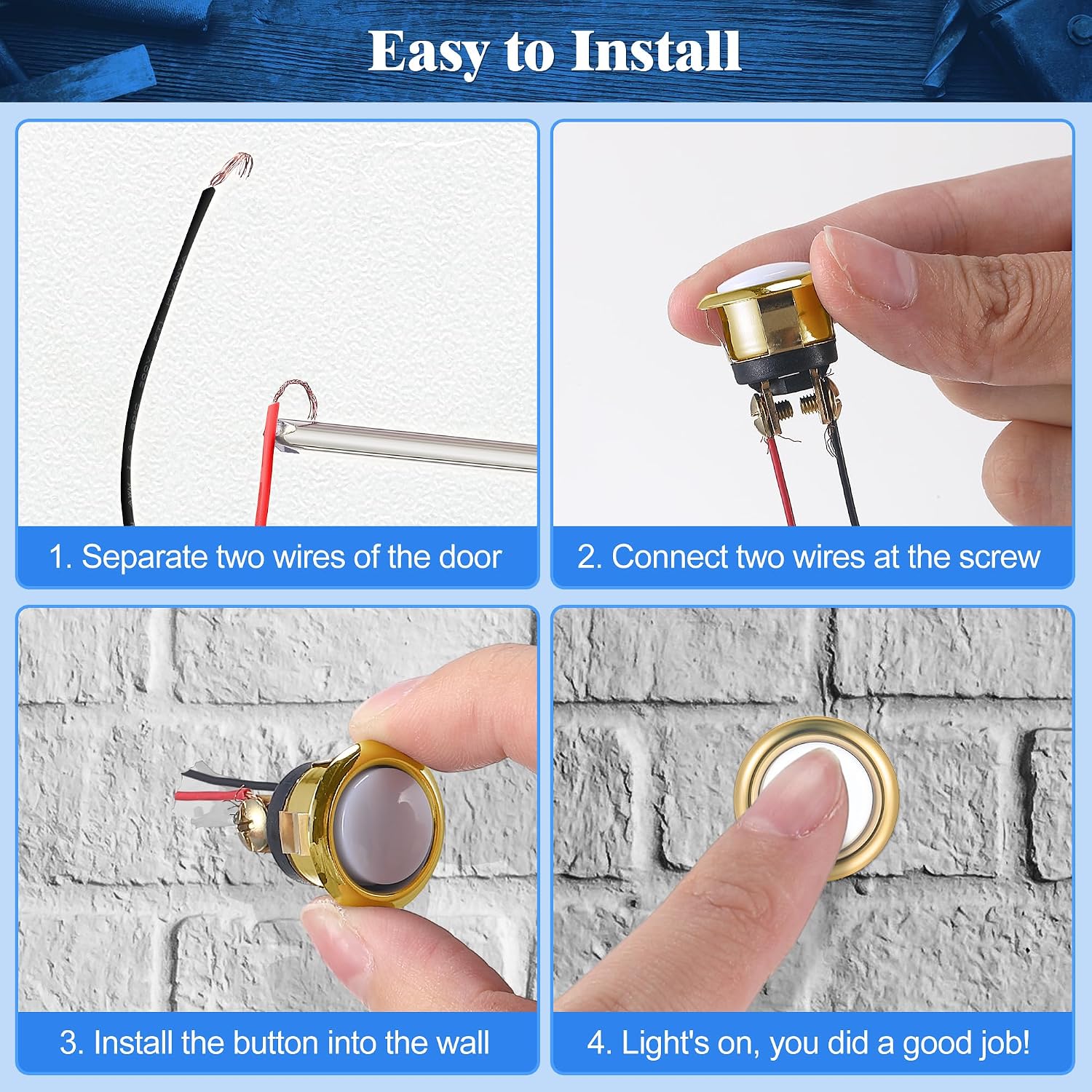 2 Pack Lighted Doorbell Button Replacement, Gold, White Light | Easy to Install Wired Doorbell Button Push Door Bell