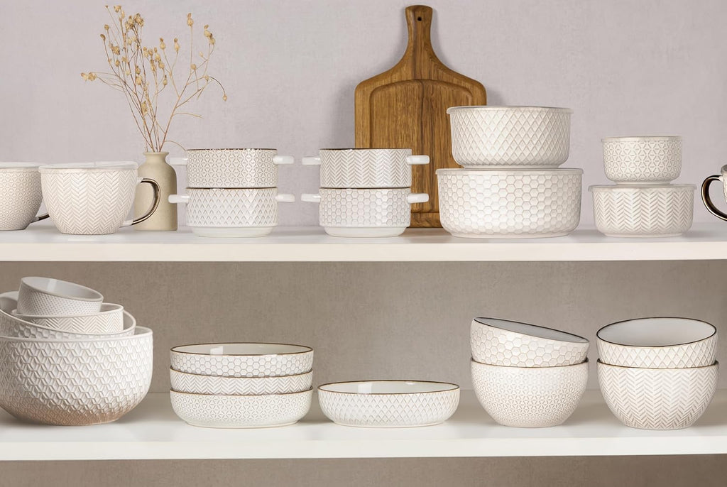 Ceramic Mixing Bowls, Nesting Set of 4, Embossed Kitchen Dishware, Prep, Serving, Gift, Microwave and Dishwasher