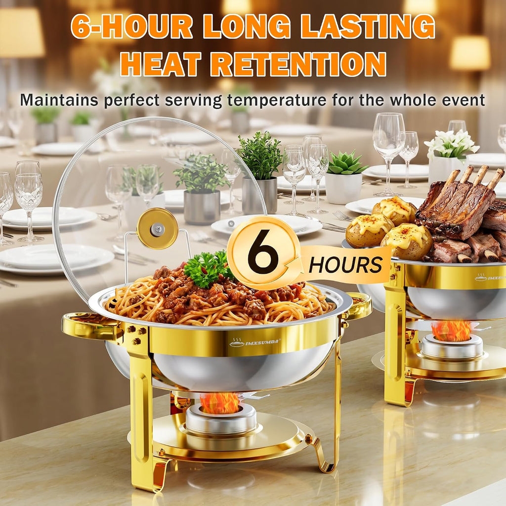 Chafing Dishes for Buffet with Glass Lid & Rolled-Edge 4 Pack 5QT, Gold | Stainless Steel Round Chafing Dish Set