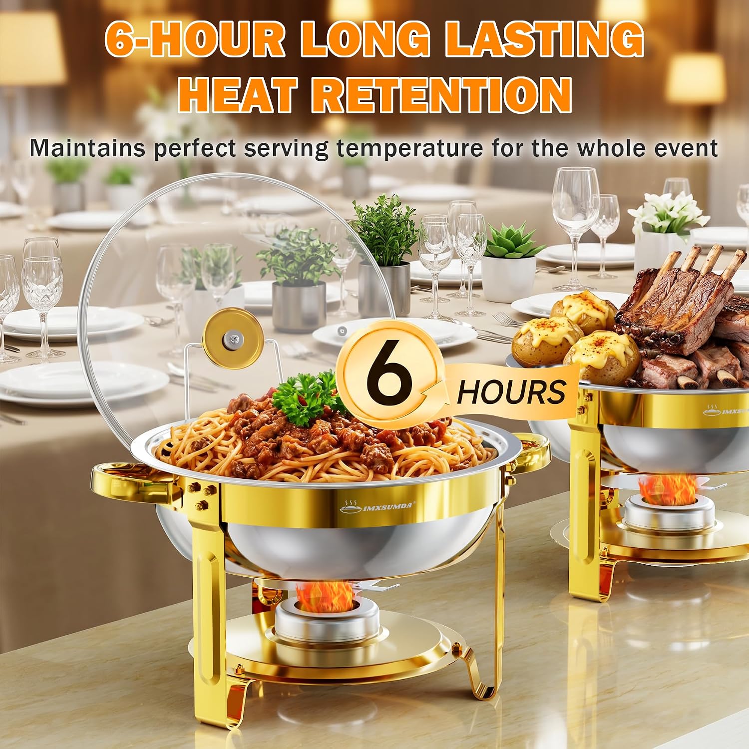 Chafing Dishes for Buffet with Glass Lid & Rolled-Edge 4 Pack 5QT, Gold | Stainless Steel Round Chafing Dish Set