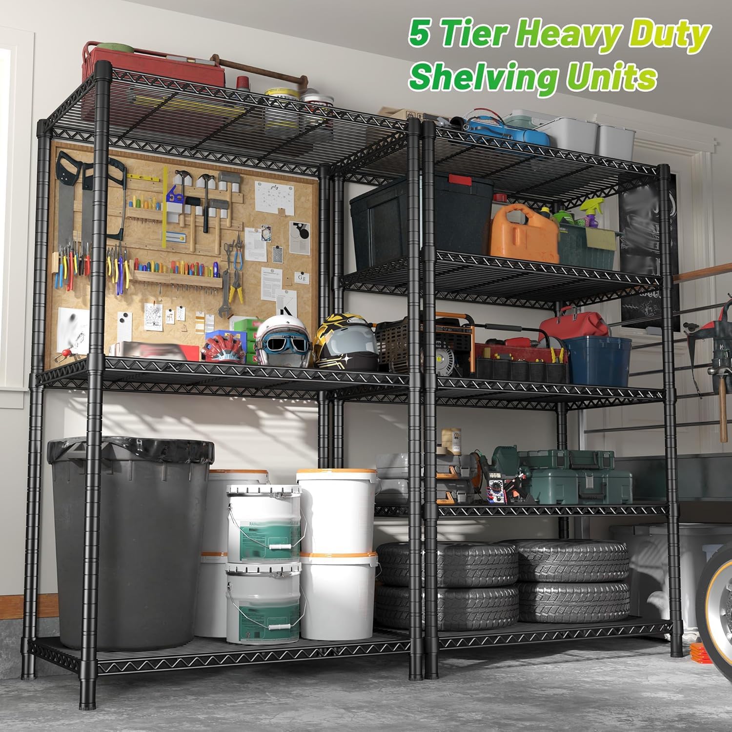 72''H Metal shelving 5 Tire Storage Shelves for Garage Shelving Adjustable Wire Shelving Rack Heavy Duty Shelving