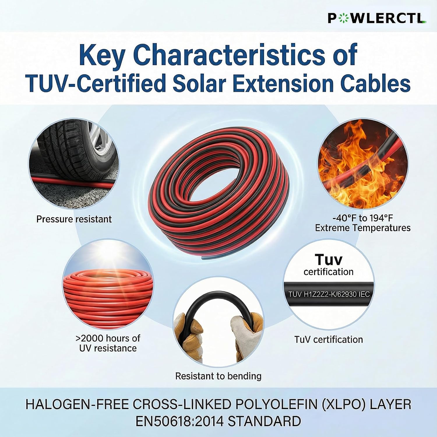 Solar Panel Extension Cable 10 AWG 20Ft 6mm² Wire Gauge Certified PV Cable,100% Tinned Copper with Male and Female