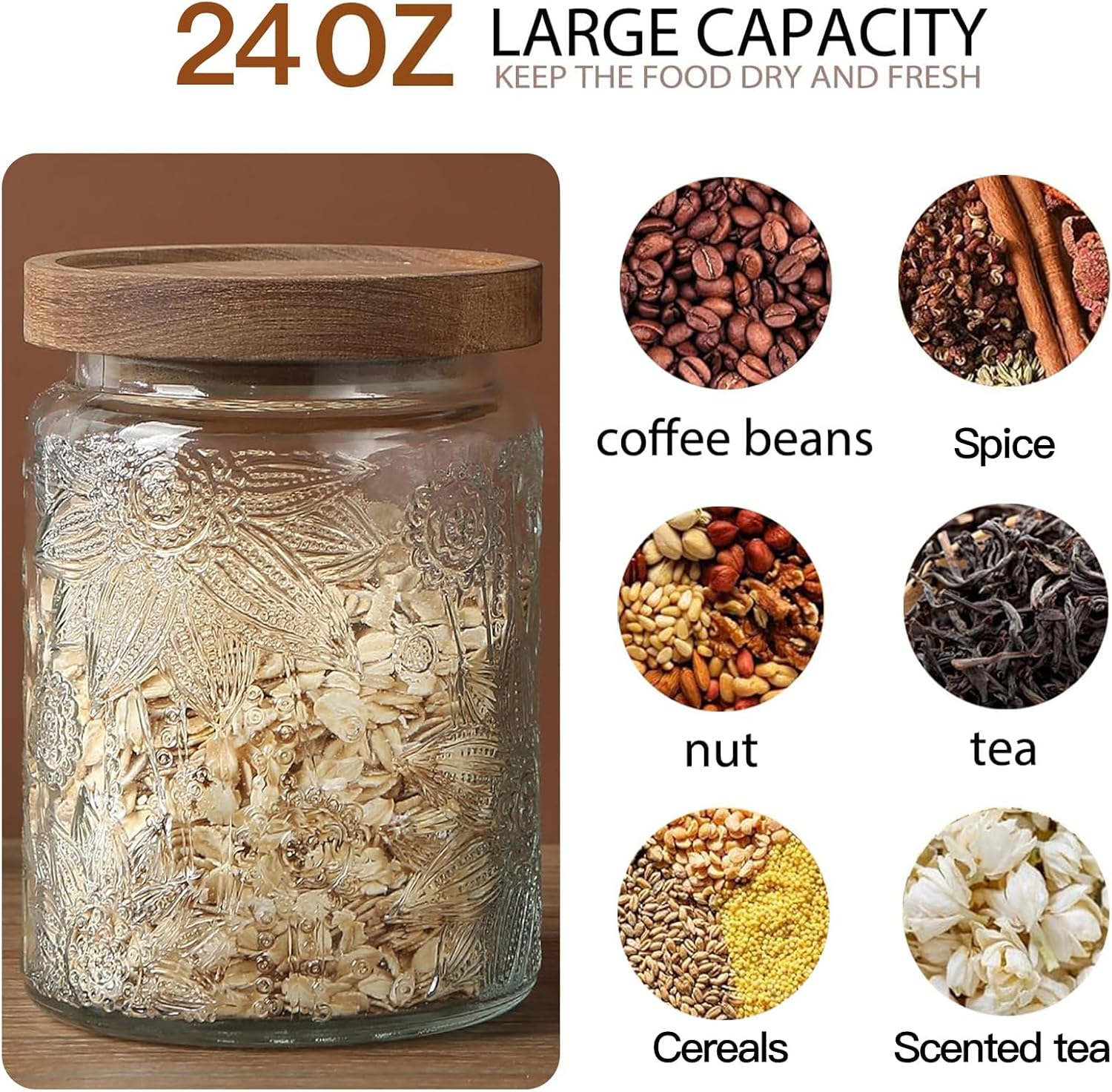 Vintage Glass Jar with Lid, Airtight Candy Coffee Canister Food Storage | 24oz Decorative Container Set with