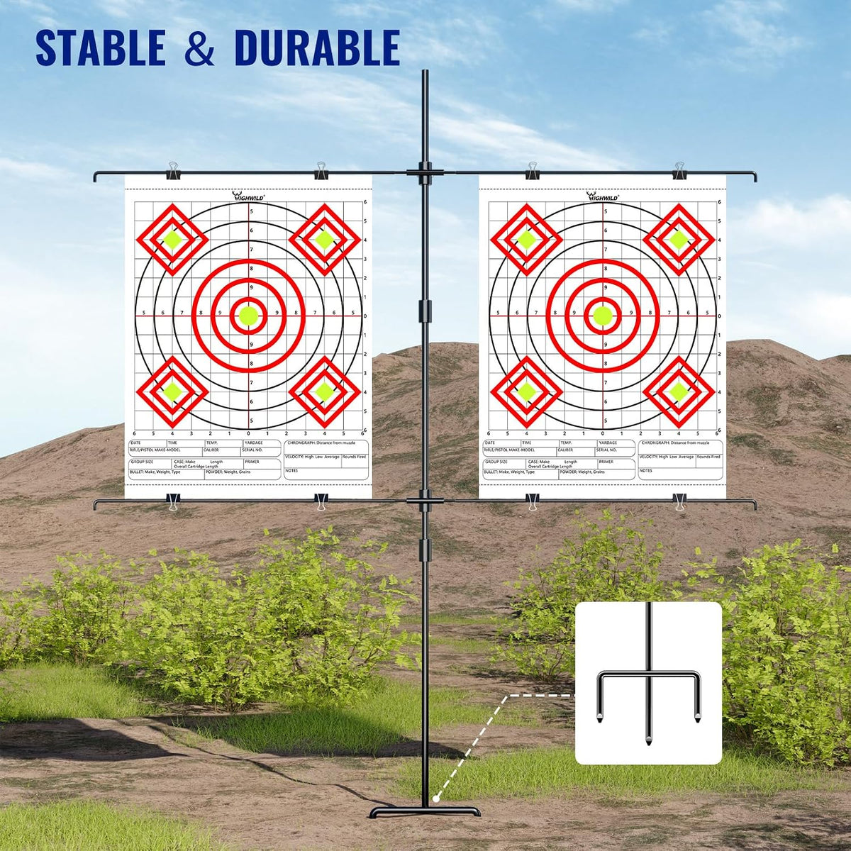 Adjustable Paper Target Stand, Frame with 8 Clips | Clear Bullseye Targets Sheet for Shooting Practice