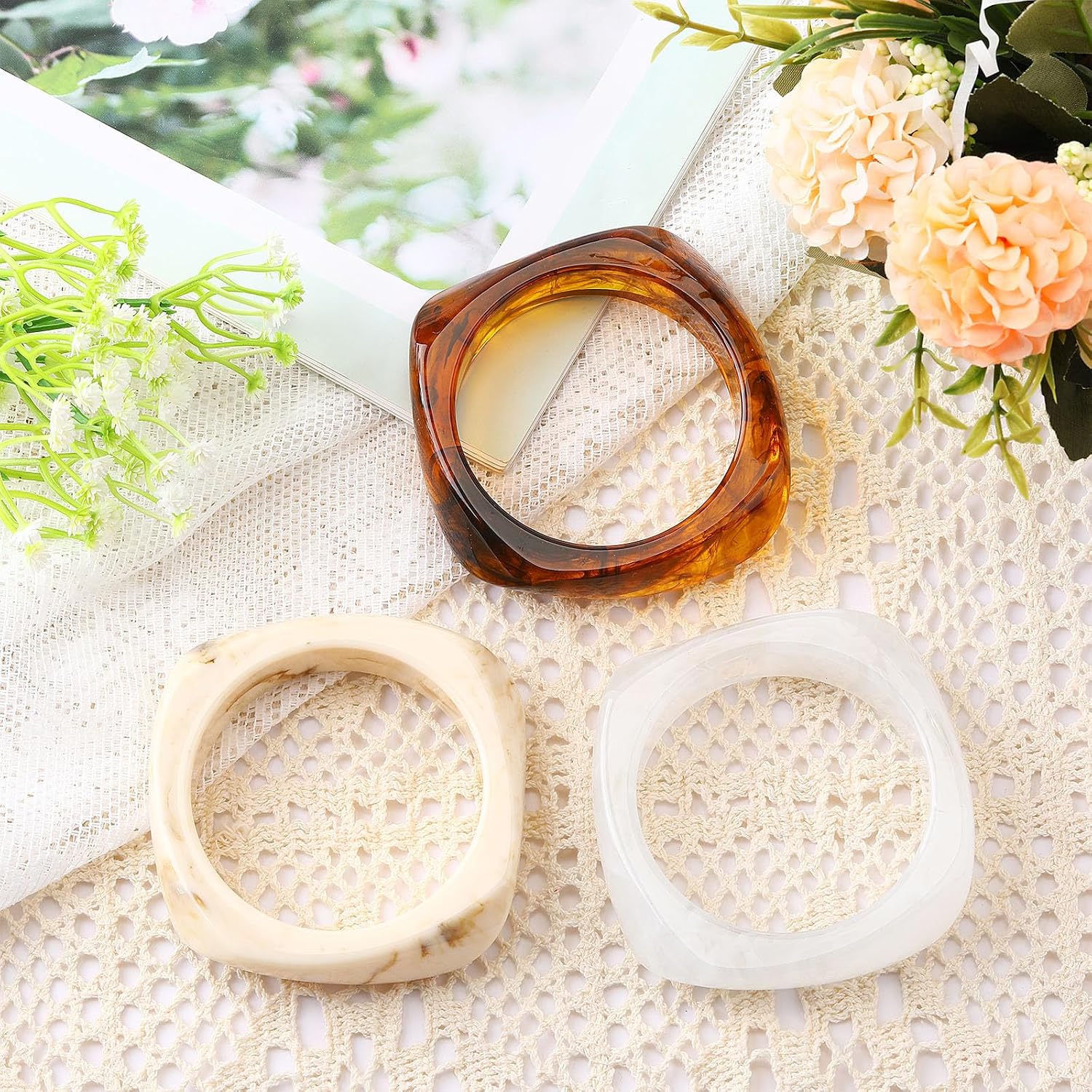 3 Pcs Colorful Square Acrylic Resin Bangle Bracelet Wide Geometric Irregular Wristbands Women
