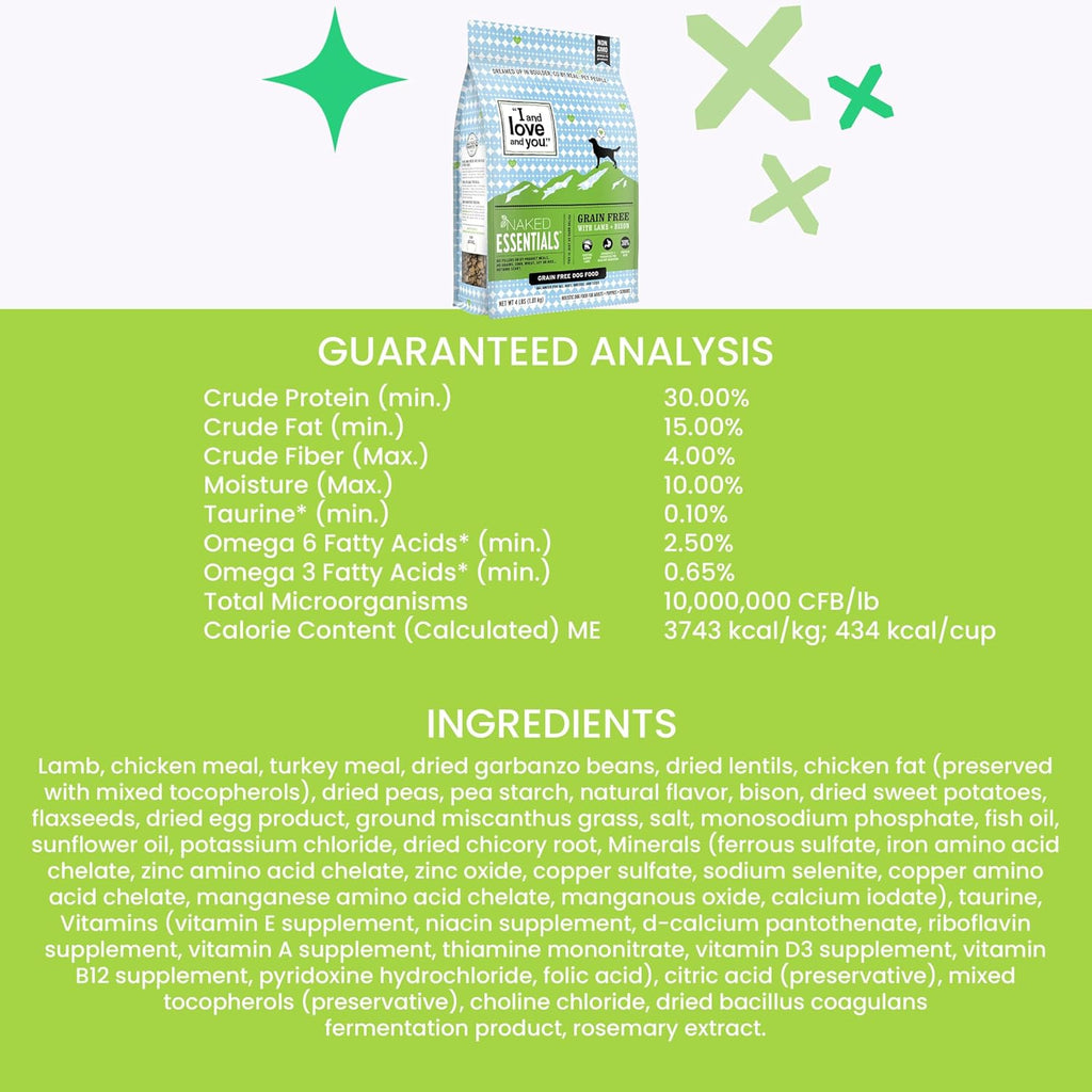 Naked Essentials Dry Dog Food - Lamb + Bison - High Protein, Real Meat, No Fillers, Prebiotics + Probiotics, 4lb Bag