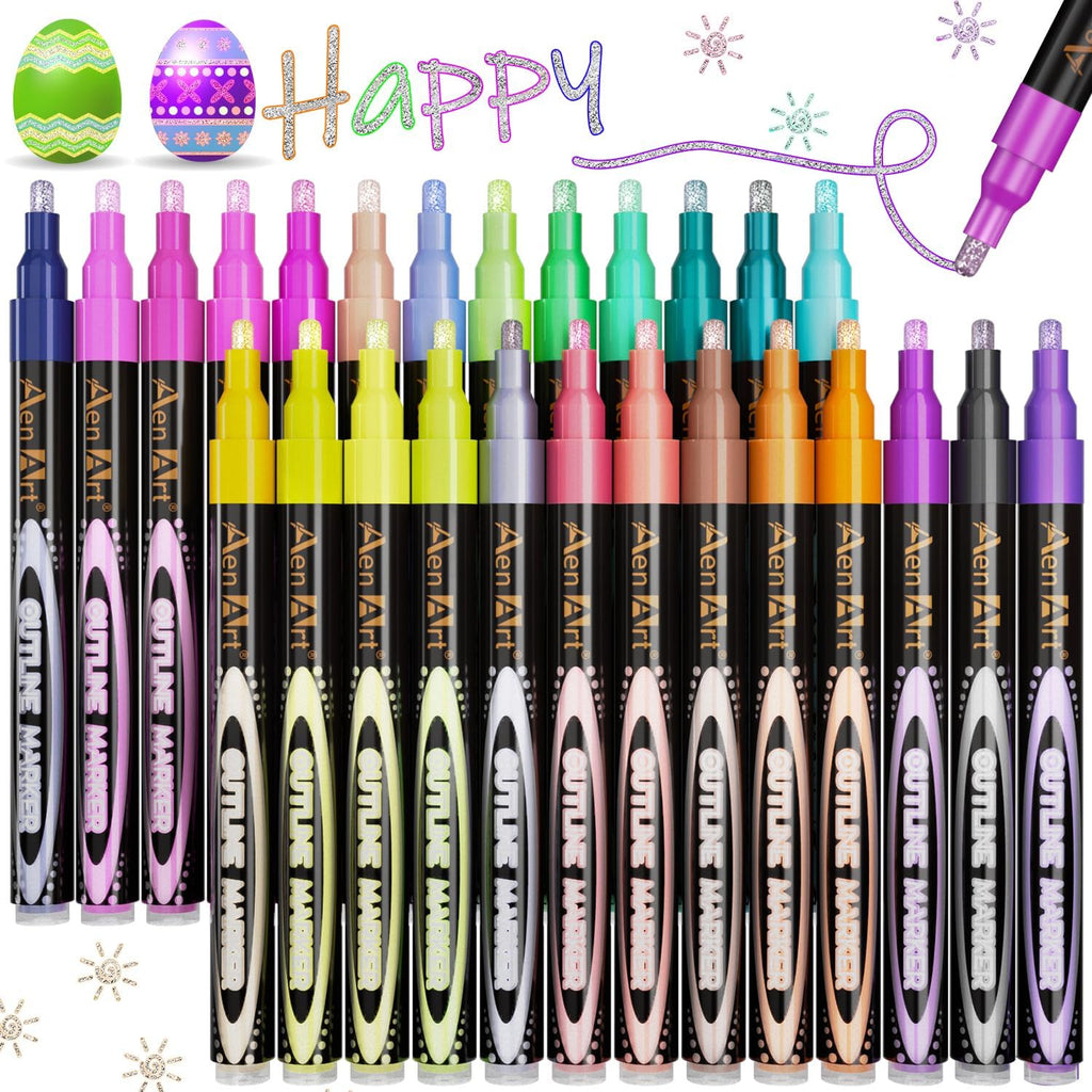 Easter Basket Stuffers, Double Line Pens, 26 Colors Shimmer Outline Marker, Self-Outline Metallic Pen Art Supplies