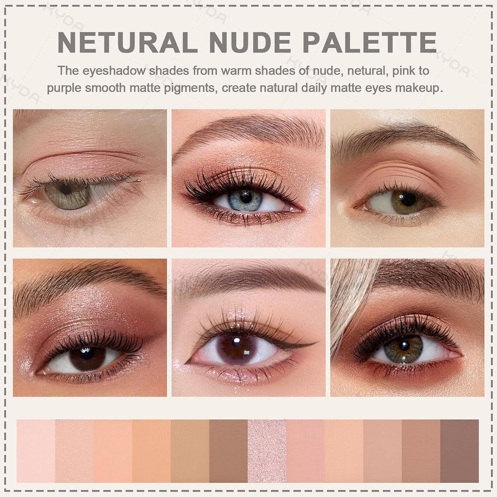 12 Colors Netural Nude Eyeshadow Palette with Brush, High Pigment Matte Shimmer Brown Eye Shadow, Netural Eyes