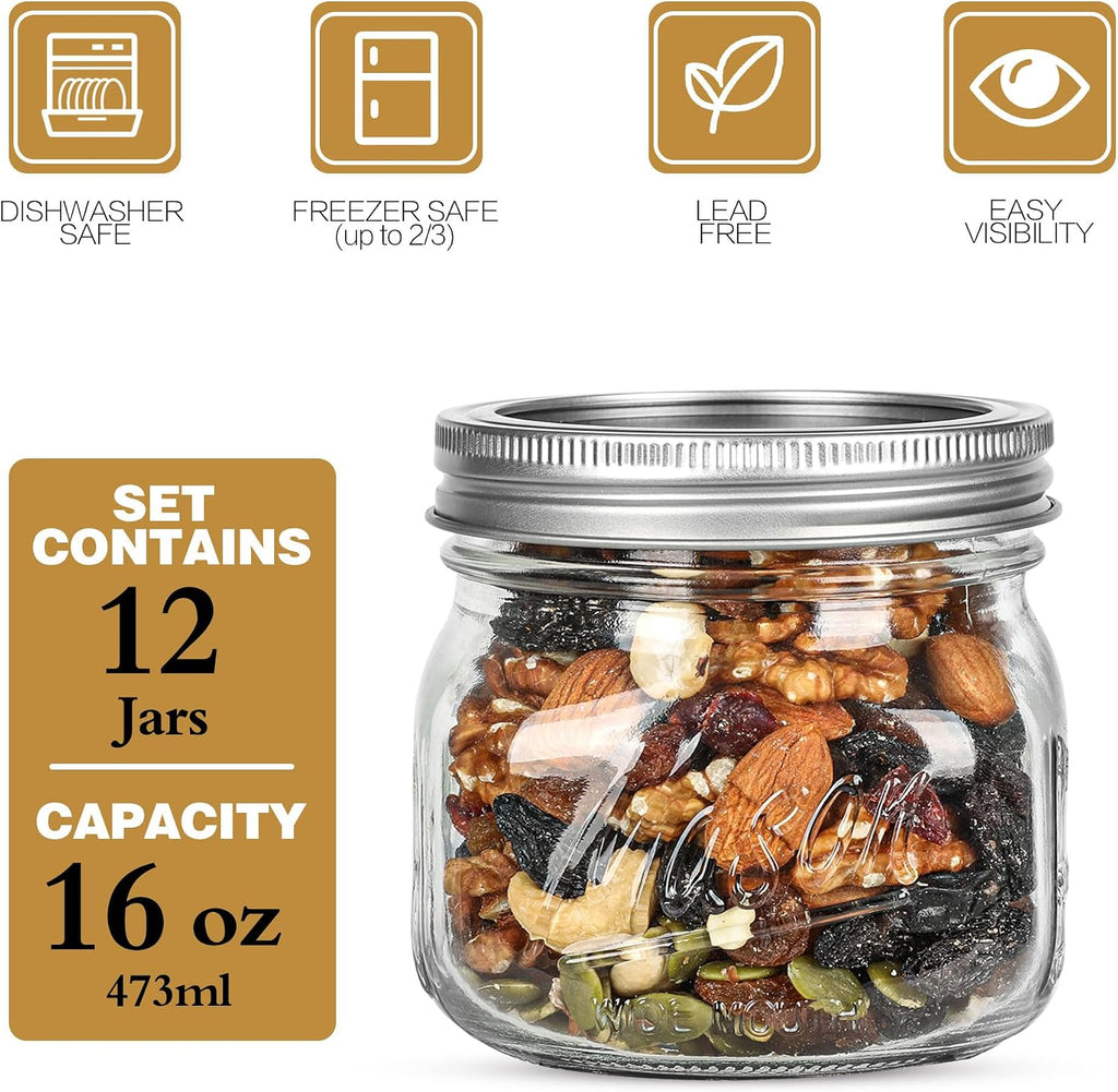 12PCS Wide Mouth Mason Jars 16oz with Airtight Lids and Bands