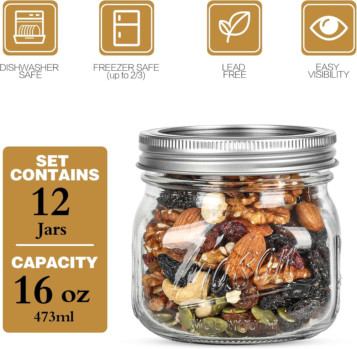 12PCS Wide Mouth Mason Jars 16oz with Airtight Lids and Bands