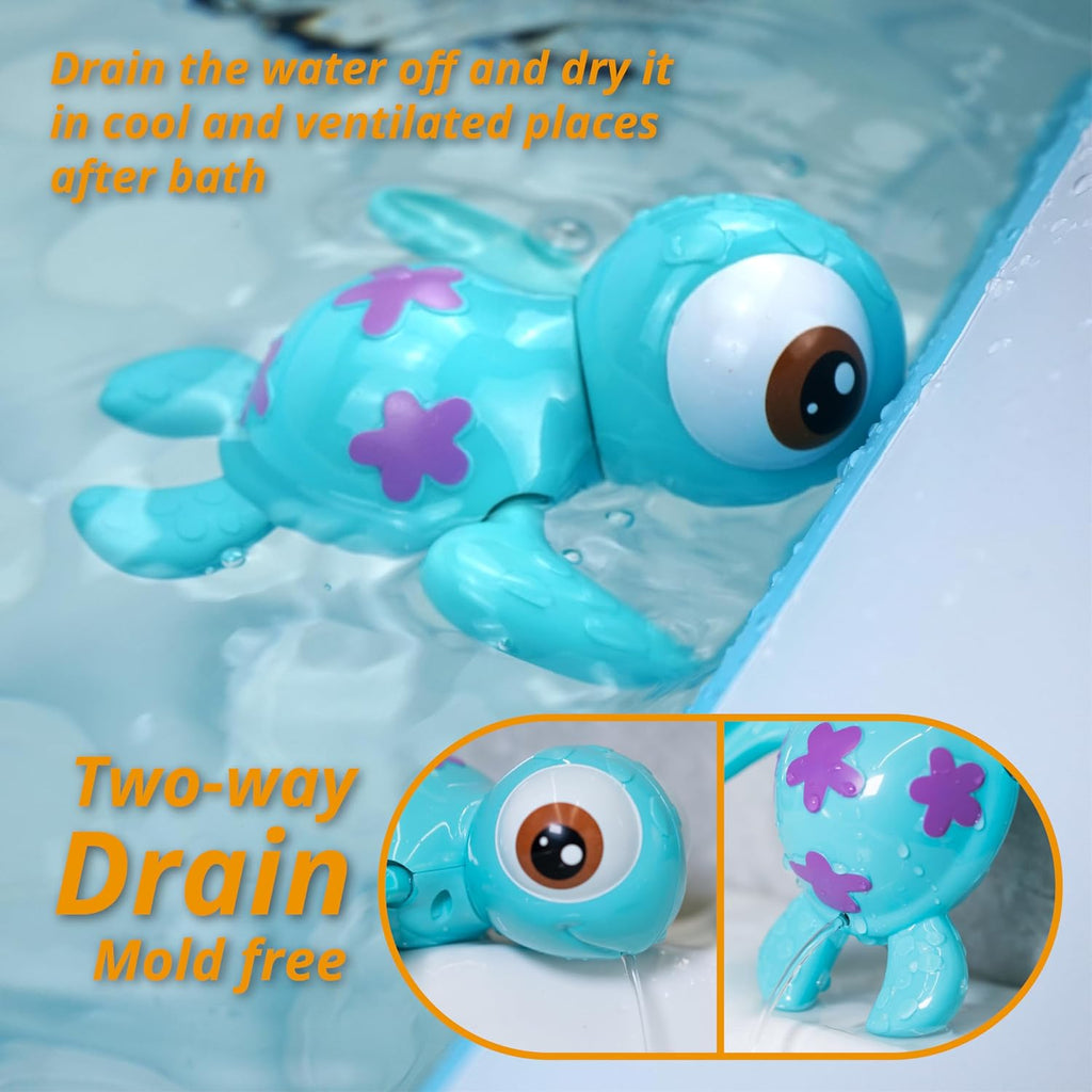 Wind-up Swimming Sea Turtles Bath Toy, No Battery Mold-Free Anti-Rust Interactive Montessori Toy for Kids 18M+ (Blue)