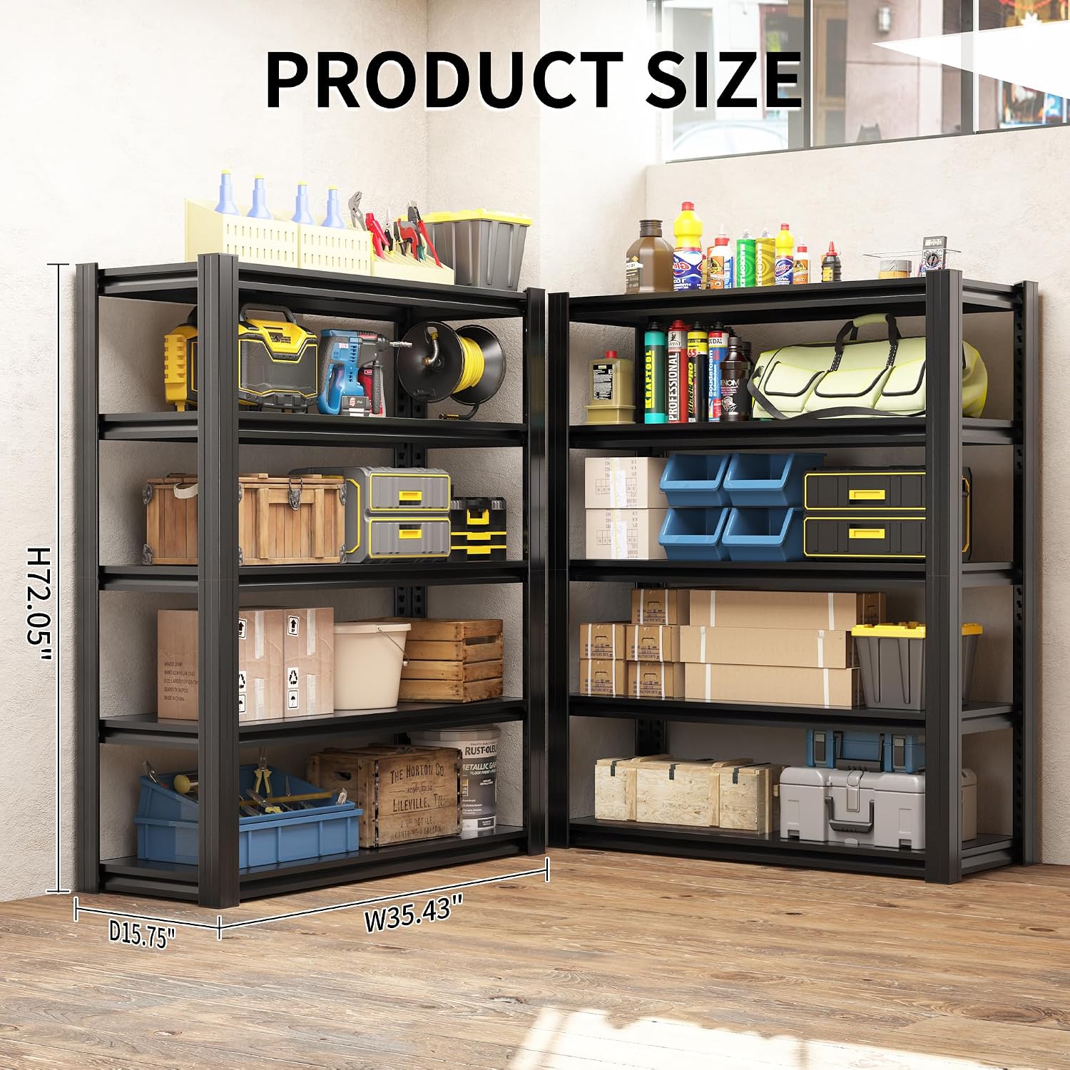 72" H Garage Shelving 2500 LBS Heavy Duty Storage Shelves, Adjustable 5 Tier Metal Shelving Unit, Metal Racks for