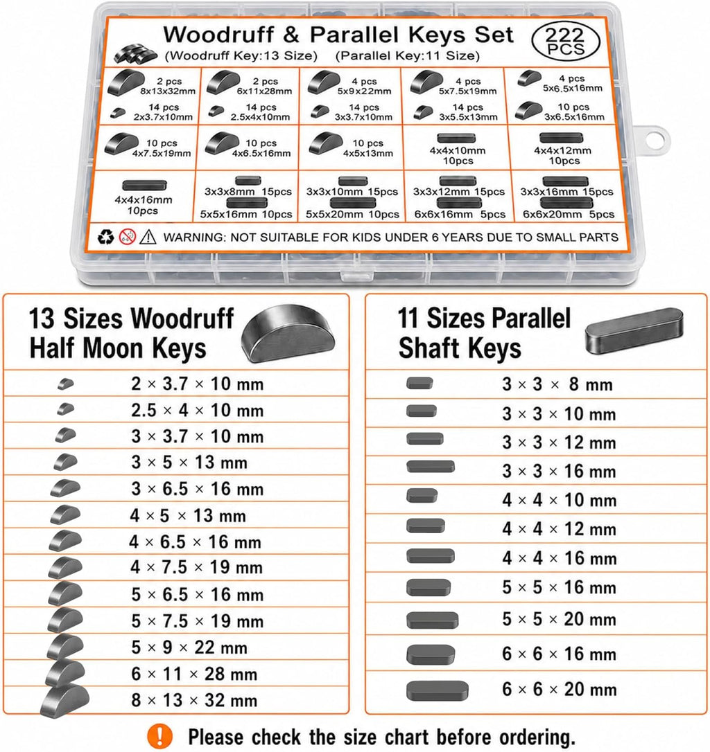 222 Pcs Metric Woodruff Key Assortment Kit with Parallel Keys, Carbon Steel