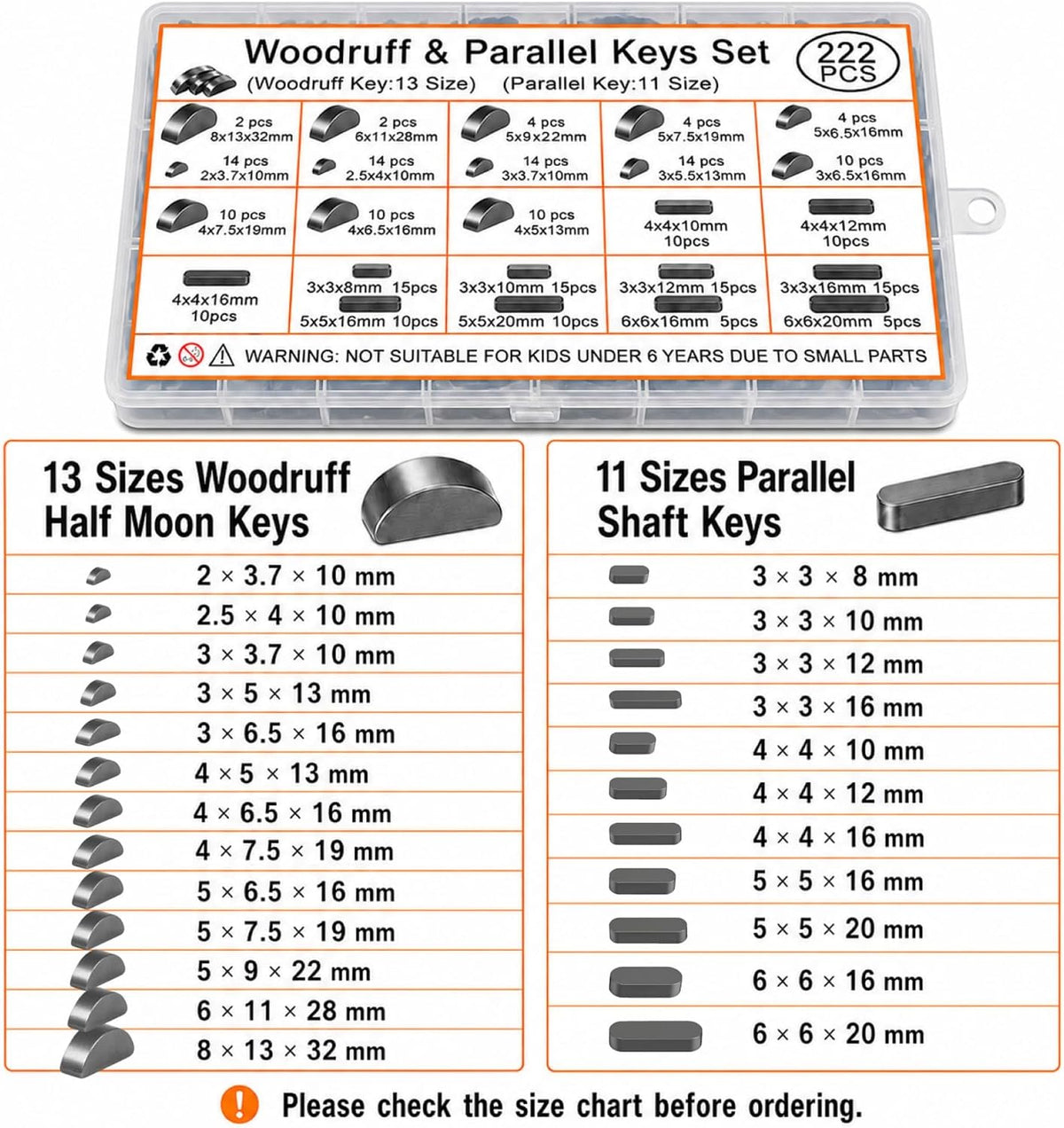 222 Pcs Metric Woodruff Key Assortment Kit with Parallel Keys, Carbon Steel