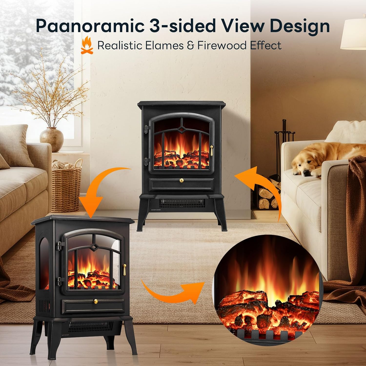 Electric Fireplace Stove with Dual Heat & Flame-Only Mode, 5100 BTU | 22 in, 1000W/1500W Settings for Fast Warmth