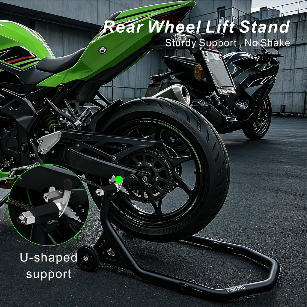 Motorcycle Rear Wheel Paddock Lift Stand, Matte Black, 500 LBS Capacity, U And L Shaped Support Adapters, 1.5 Inch