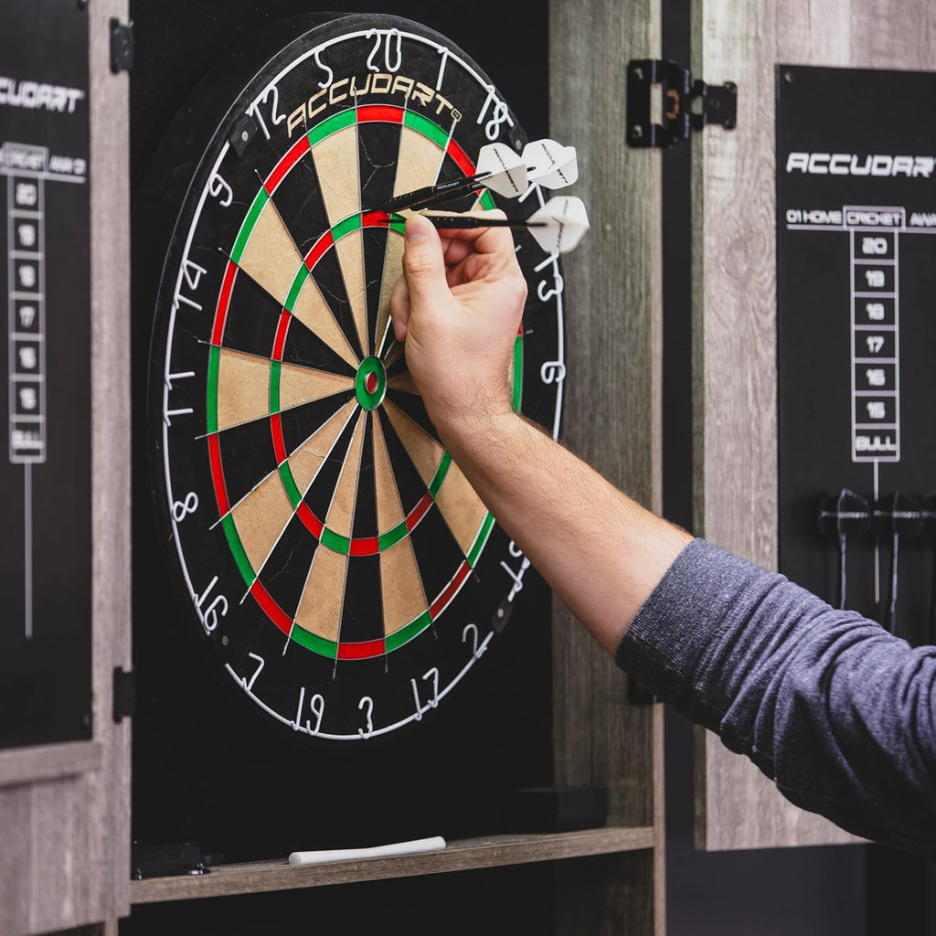 Dartboard Cabinet Set with LED Lighting – Premium Brazilian Sisal Board, Staple‑Free Razor Wire, Weathered Grey