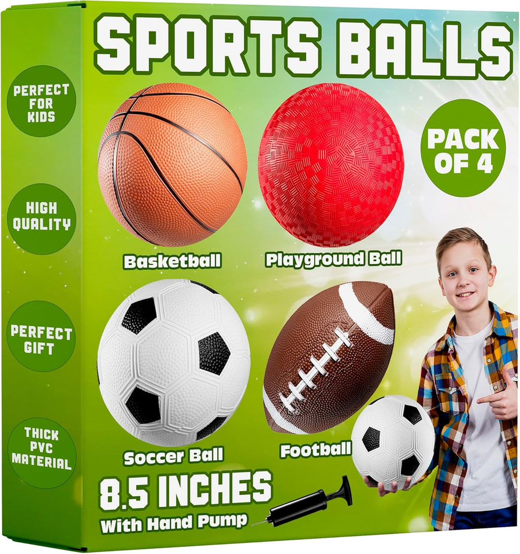 8.5” Sports Balls for Kids & Toddlers - (Pack of 4) Rubber Inflatable Multi-Sport Ball Set - Football, Soccer Ball