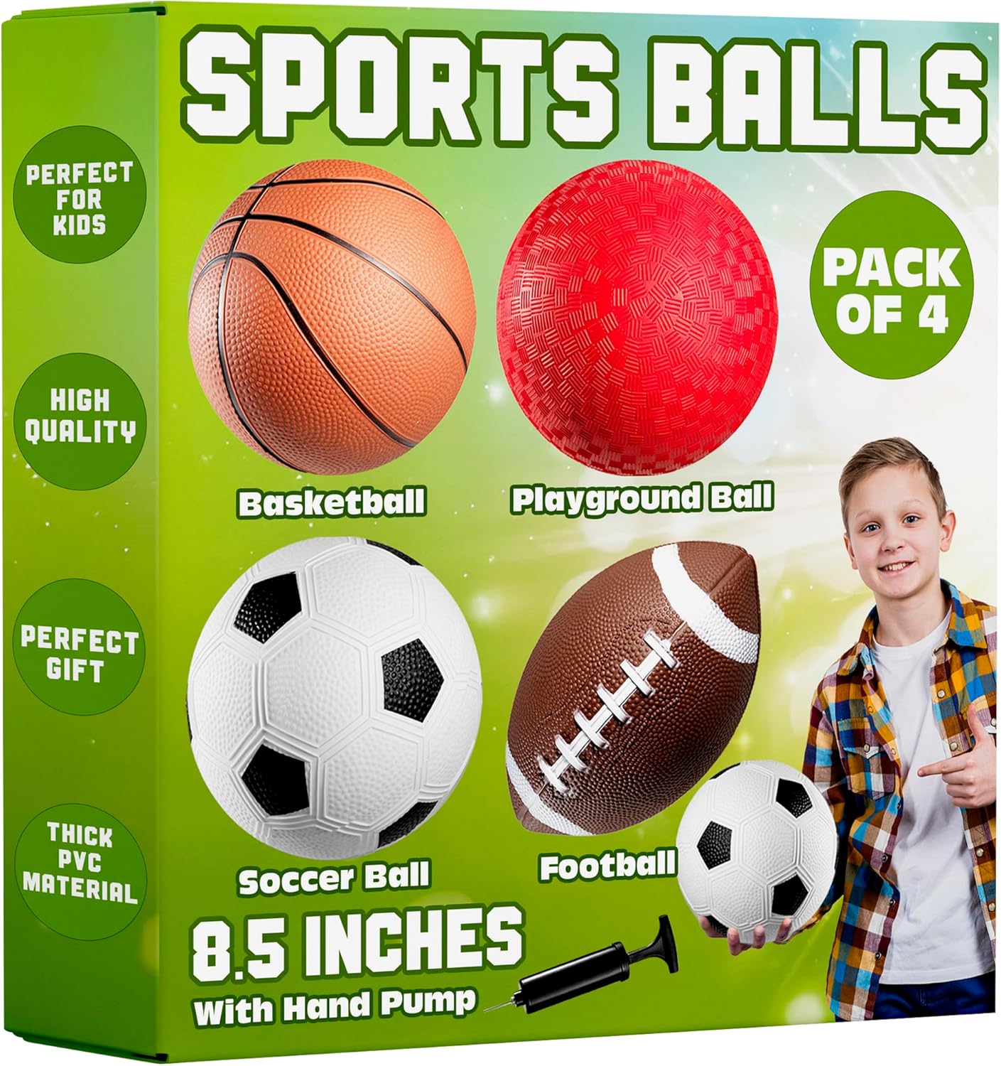 8.5” Sports Balls for Kids & Toddlers - (Pack of 4) Rubber Inflatable Multi-Sport Ball Set - Football, Soccer Ball