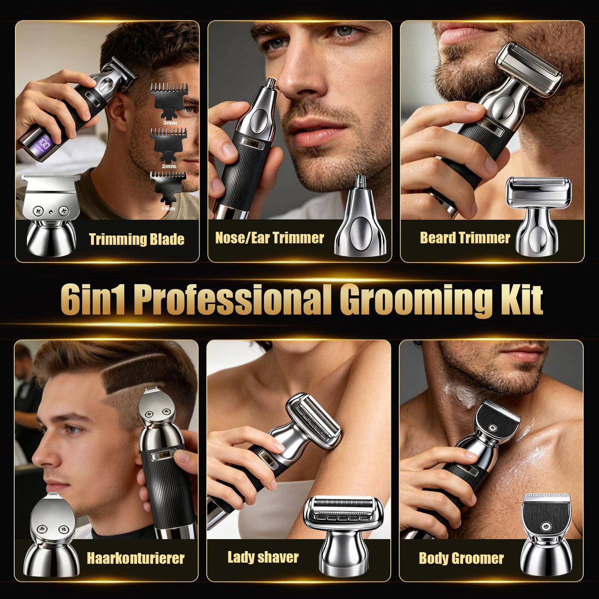 6 in 1 Beard Trimmer for Men Rechargeable with LED Display
