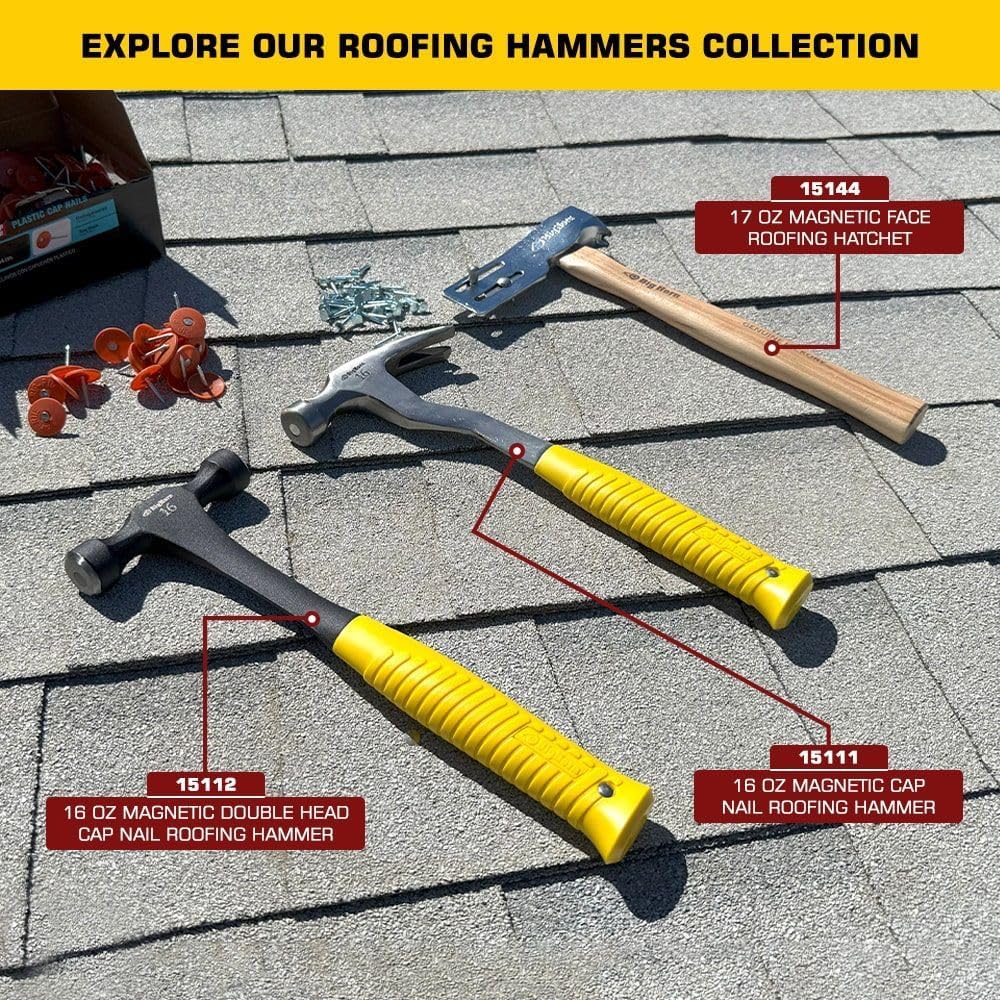 15144 17 Oz Magnetic Face Roofing Hatchet – One-Handed Nail Placement with Nail Starter – Forged Steel Head, Sliding