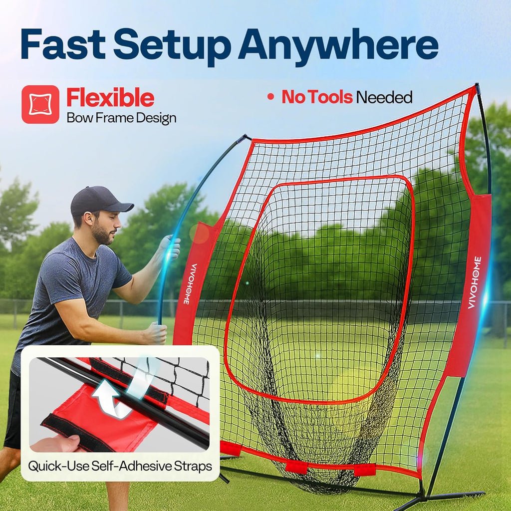 Baseball & Softball Training Net with Batting Tee, 7 x 7 ft. | Height-Adjustable Tee, Aluminum Frame, Large Sock Net