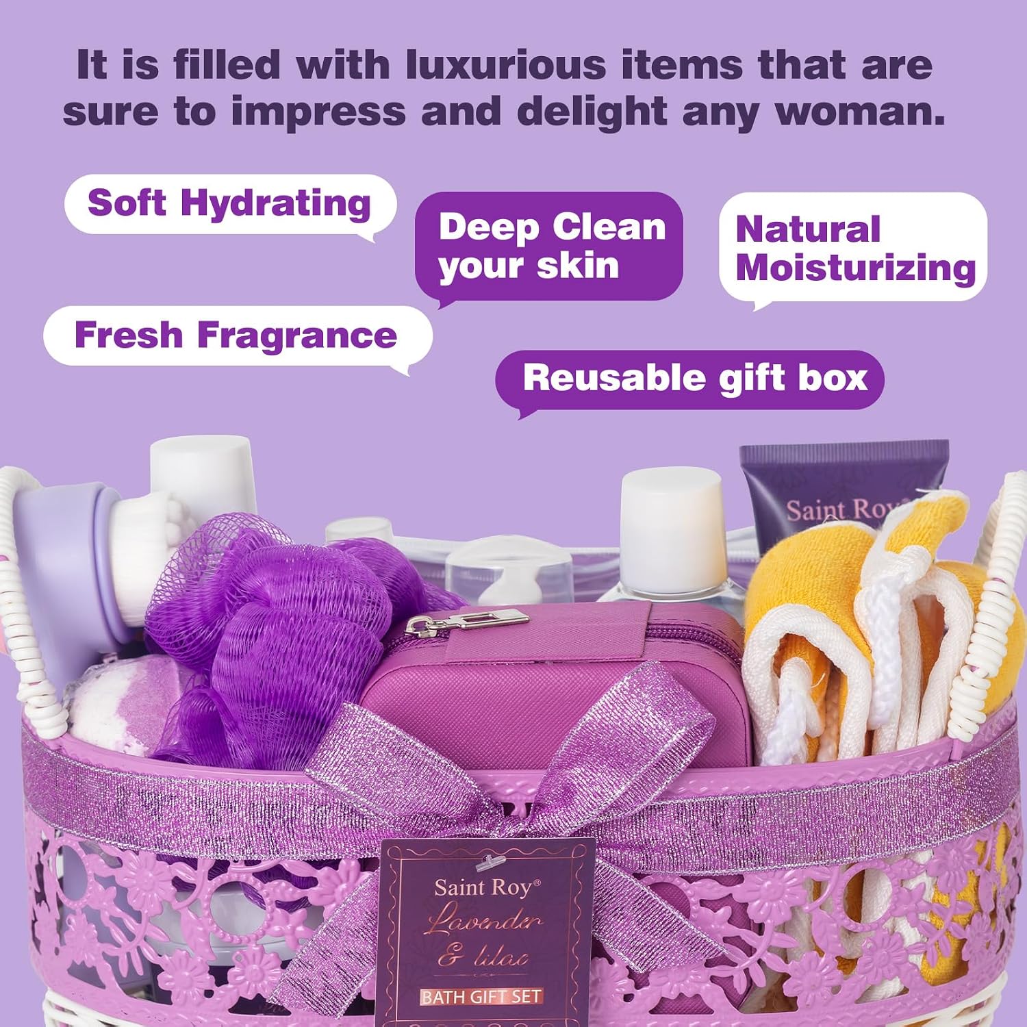 Mothers Day Gifts for Women, 25Pcs Lavender Bath and Body Gift Basket, Facial Skin Care Set, Spa Kit, Self-Care Set