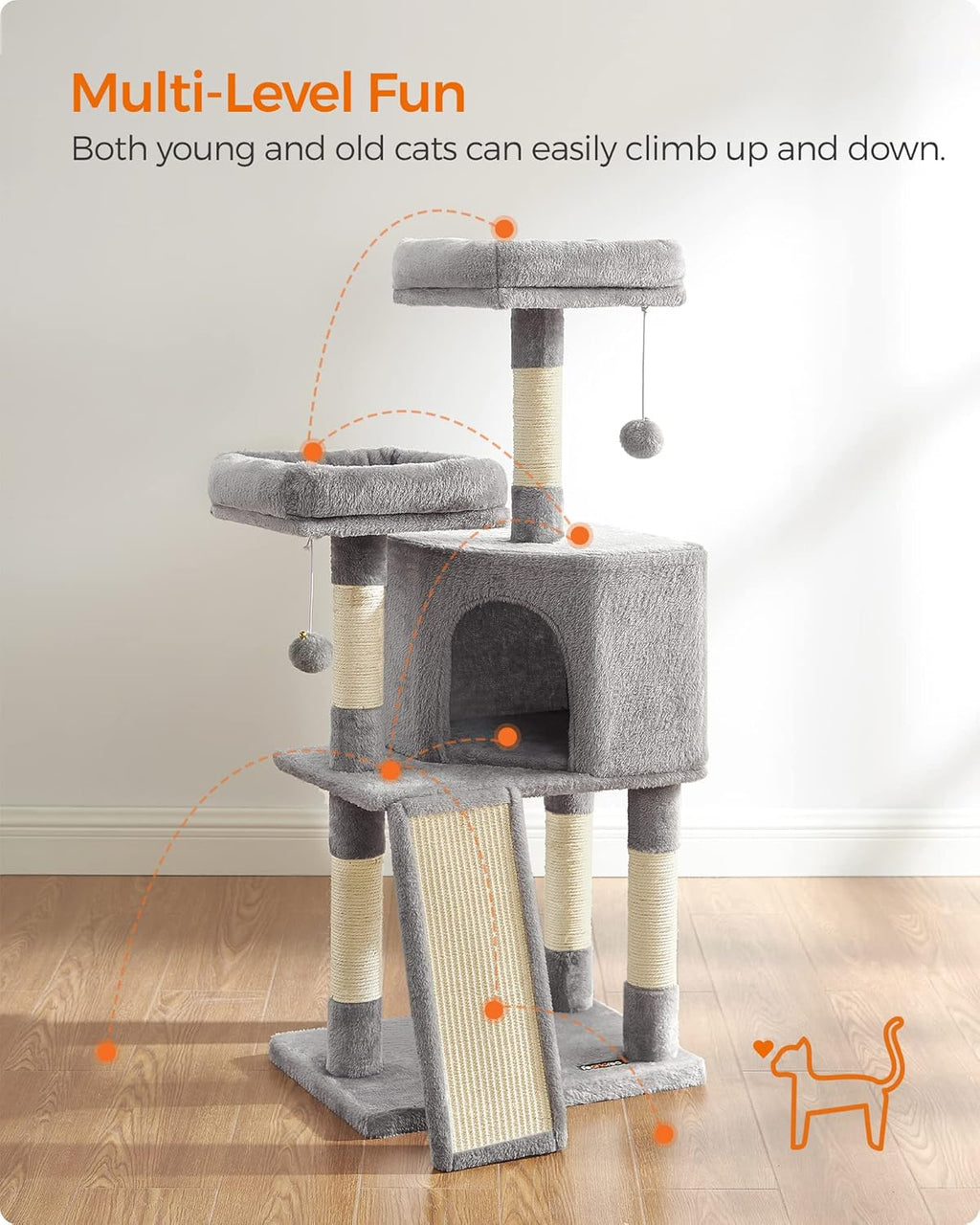 Cat Tree, 45.3-Inch Cat Tower, Plush Condo with Scratching Post, Ramp, Perch, Spacious Cave