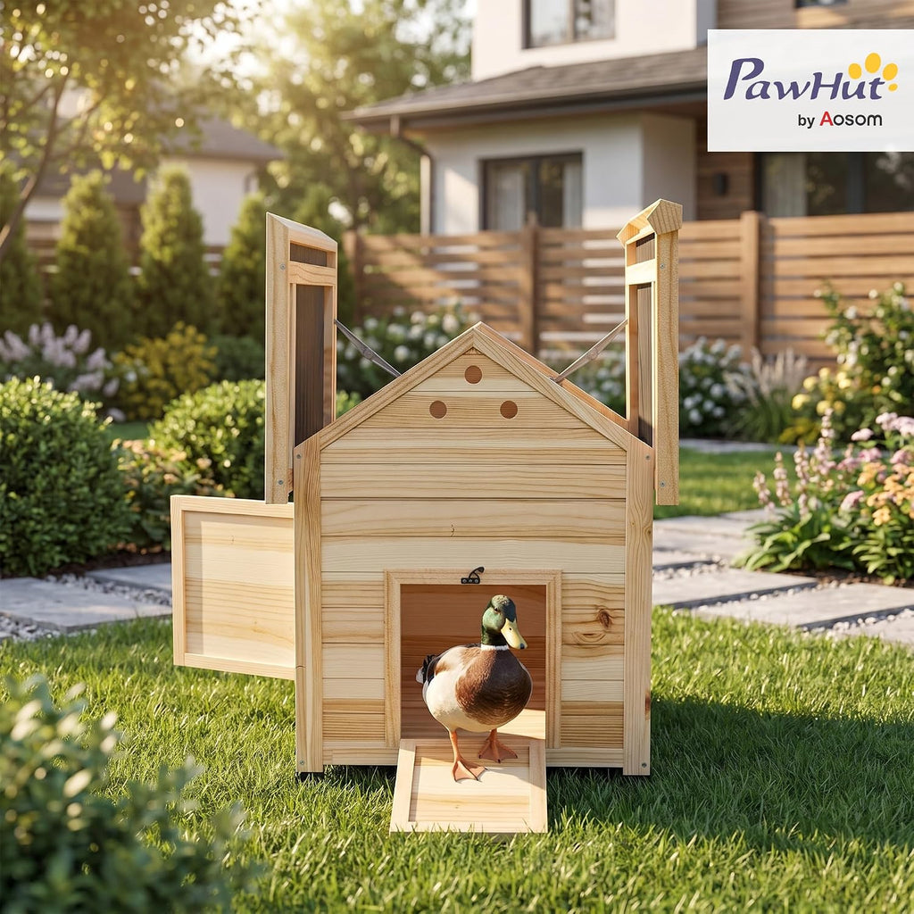 Duck Coop, Wooden Duck House, Outdoor Small Animal House with Openable Roof, Double Doors, Removable Base for 1-3