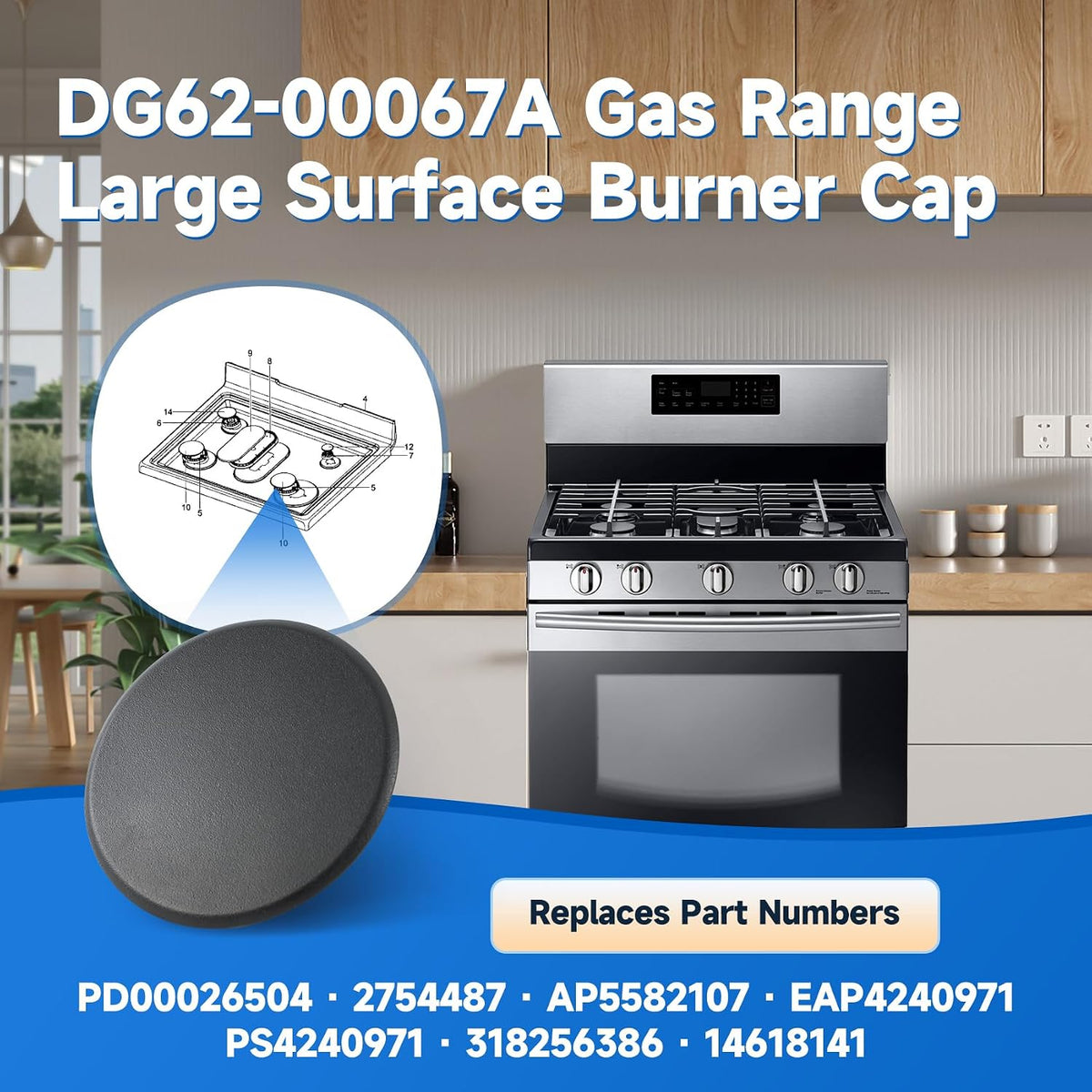 3.7 Inch DG62-00067A Range Large Surface Burner Cap Compatible with Samsung