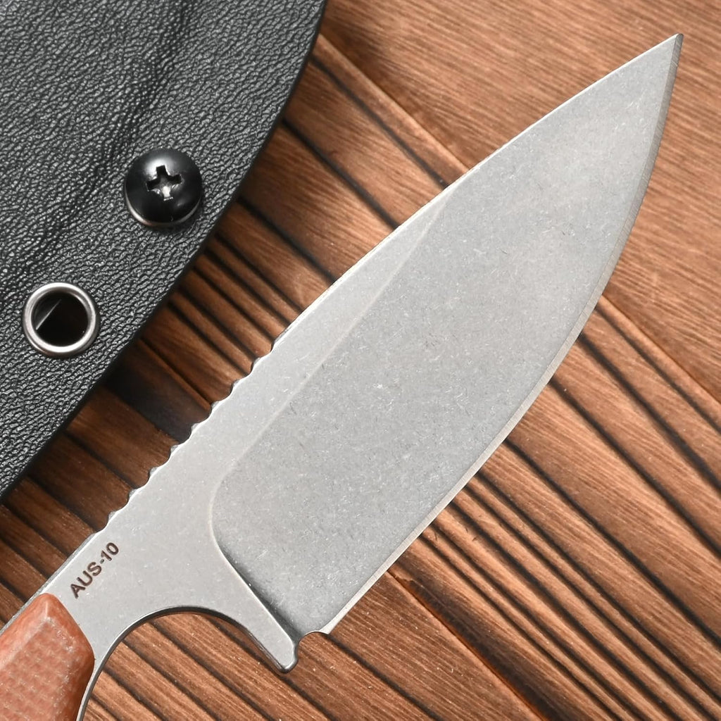FF101 Micarta Handle Fixed Blade Knife, AUS-10 Steel Blade Full Tang Knife with Sheath for Outdoor Camping Hunting