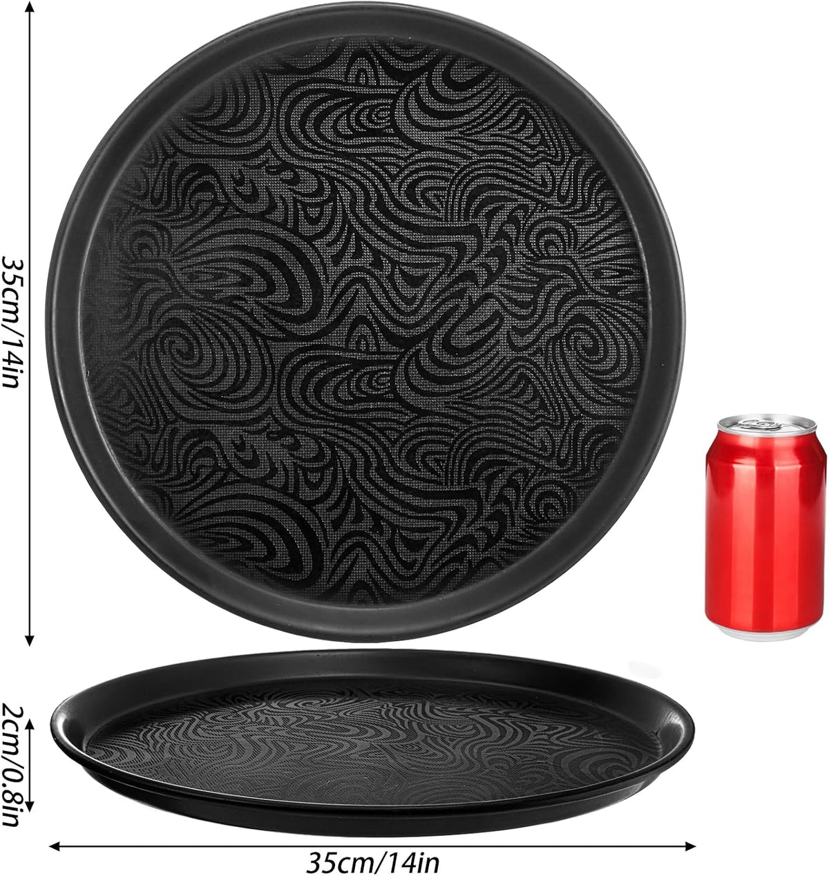 4 Pack Round Restaurant Serving Tray, 14 Inch Black Plastic Server Tray Non-Slip Food Serving Platter for Drinks