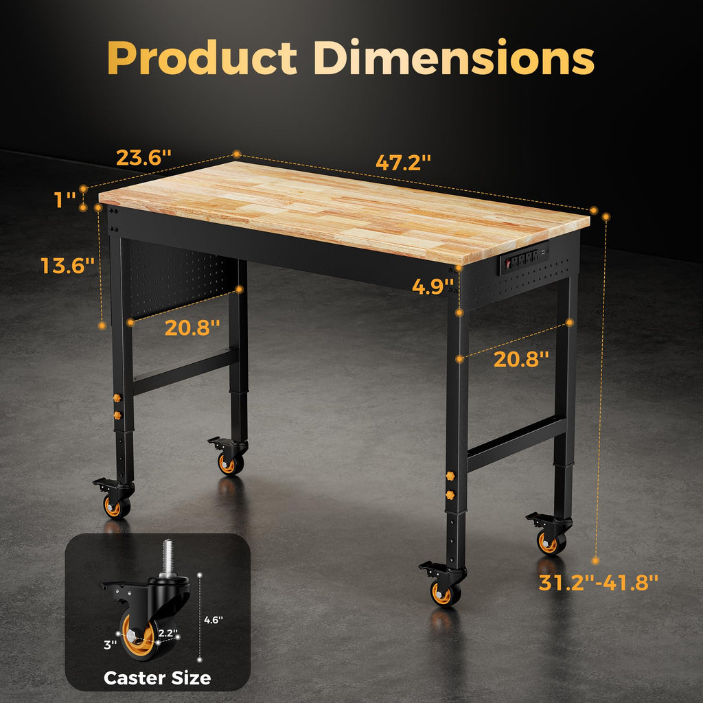 48" Garage Work Bench with Wheels, Pegboard & Power Outlet