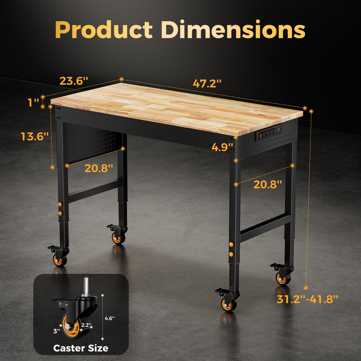 48" Garage Work Bench with Wheels, Pegboard & Power Outlet